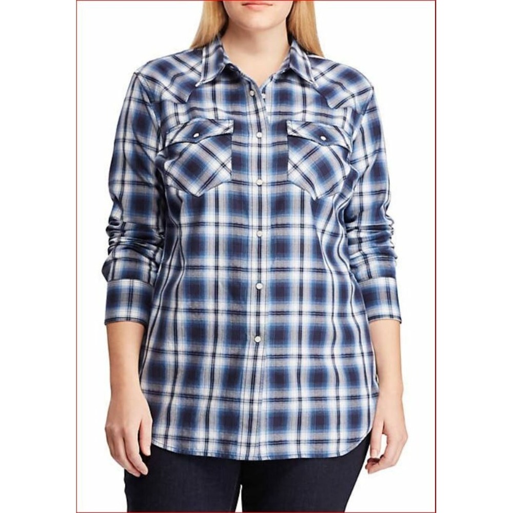 Lauren Ralph Lauren Navy Blue Plaid Western Button Up Shirt 1X 202742749001